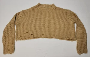 Teenbell Women Distressed Knit Ripped Tan Sweater Top Long Sleeves Mock-Neck L - Picture 1 of 10