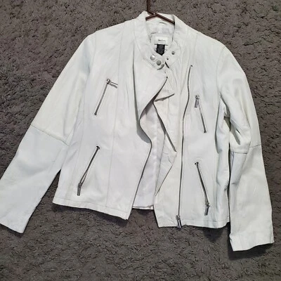 Jaqueta feminina de motociclista Neiman Marcus couro branco com zíper frontal tamanho grande - Imagem 1 de 4