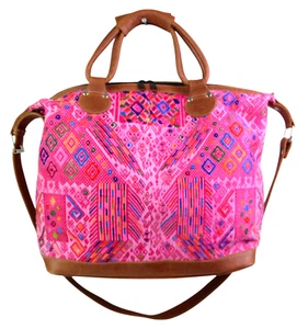 ROOMY HANDCRAFTED MULTICOLOR PINK KILIM BROWN LEATHER TRIM SHOULDER BAG HANDBAG - Picture 1 of 14