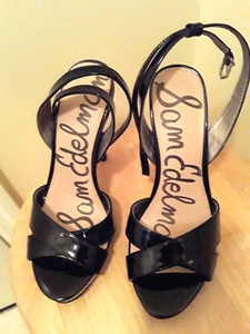 Sam Edelman size 7 Black Patent Leather ankle wrap stiletto Eliza Sandals J699 - Picture 1 of 7
