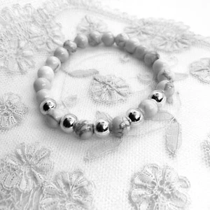 Silver with Natural White & Black Stone Bead Durable Stretchy Bracelet (7") - Picture 1 of 5