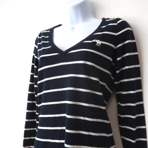 Abercrombie Womens Y2K T Shirt Size Medium Blue V Neck Long Sleeve Striped Logo - Picture 1 of 9