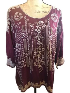 Johnny Was Burgundy Embroidered Boho Blouse, Size S (PTP 25”) oversized - Picture 1 of 8
