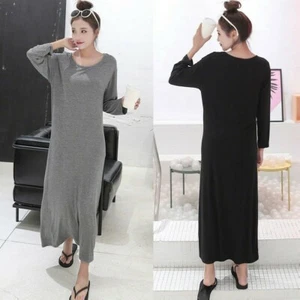 Damen Langarm Modal Kleid Rundhals Locker Unterkleid Nachtwäsche Nachthemd - Bild 1 von 14