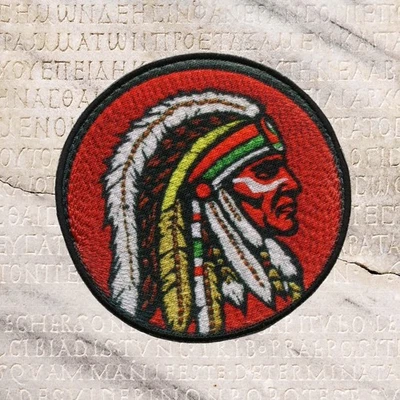 INDIAN CHIEF HEADDRESS EMBLEM PATCH IRON-ON EMBROIDERED RED ROUND LOGO - Image 1 of 4