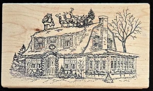 Magenta Rubber Stamp Santa on Roof Top of House Scene Holidays Christmas RARE - Picture 1 of 2