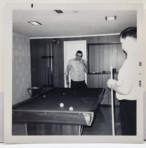 1968 Smoking Man Contemplating Billards Shot Pool Table Wood Paneling VTG PHOTO - Picture 1 of 2