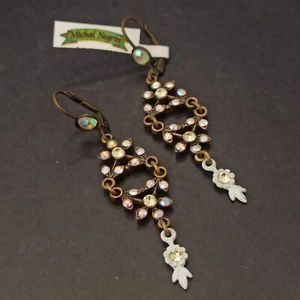 Michal Negrin Earrings Aurora Borealis Dainty Crystals Long White Dangle Deco AB - Picture 1 of 15