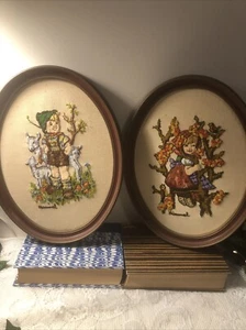 Vintage Hummel Needlepoint Oval Framed Pictures - Picture 1 of 6
