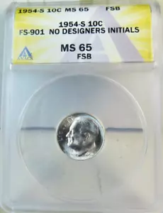 :1954-S 1OC ROOSEVELT DIME ANACS RARE 1/0 MS65FSB FS-901 NO DESIGNERS INITIALS - Picture 1 of 3