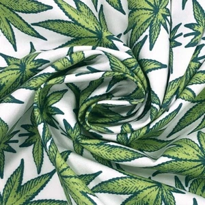 Cannabis White Printed 100% Cotton Fabric 57" W - Picture 1 of 3