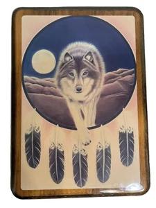 Vintage 90s Wolf Dreamcatcher Colored Pencil Print Epoxy Wood Picture Decor - Picture 1 of 5