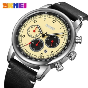 SKMEI Men Watches Brown Leather Wristwatch Date Week Display Male Quartz Watch - Picture 1 of 24