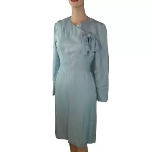 Vestido manga larga garbadine lana azul claro años 40 vintage - Imagen 1 de 10