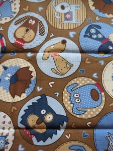 Cartoon Dog Portraits On Brown Cotton Fabric - Picture 1 of 4