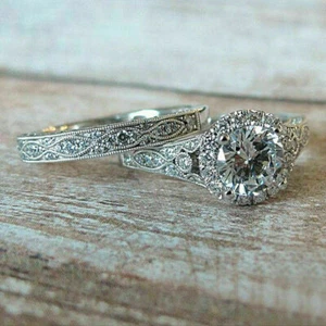 Set 2, kt Rundschliff Moissanit Verlobungs- & Hochzeit Brautring 14 K Weißgold - Bild 1 von 3