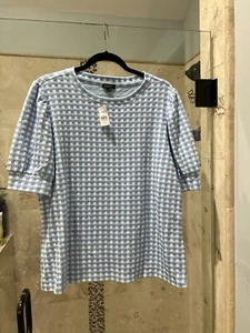 New Nwt Ann Taylor Women's Xl Gingham Blue Short Sleeve Pull Over Sweater - Picture 1 of 6