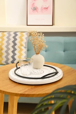 Bandeja organizadora decorativa otomana floral redonda de madera blanca rústica de 13,2 pulgadas Foto 1 de 4