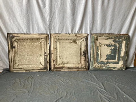 Lot of 3 Antique Tin Ceiling  2' x 2' Shabby Tile 24" SQ Chic VTG Crafts 23-23A Cover