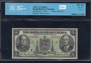 1943 The Royal Bank Of Canada $5 CH- 630-20-02 SN: 070332/A - CCCS VF-20 A3 - Picture 1 of 2