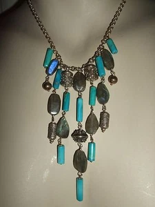 COLLANA COLLIER NECKLACE ARGENTO 925 SILVER TURCHESE TURQUOISE LABRADORITE CM 44 - Foto 1 di 7