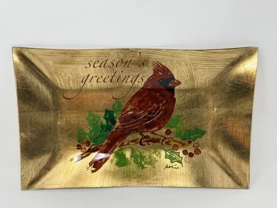 Hand Painted Gold Glass Tray Dish Red Cardinal Seasons Greetings Holiday Serving - Image 1 of 4
