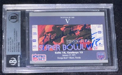 Chuck Howley "SB 5 MVP" 1990 Pro Set Super Bowl V Ticket Signed Card Auto RC BAS - Image 1 of 4