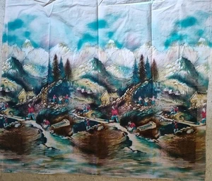 VTG Cotton John Wolf Textiles Mountain Mining Scene Print Fabric 38"x34" - Picture 1 of 11