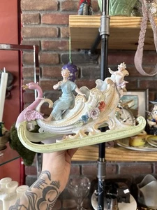 Vintage German Swan Sleigh Bisque Centerpiece Figurine Woman And Cherub - Picture 1 of 11