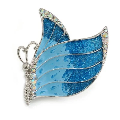 Broche mariposa cristales AB/esmalte azul cielo en metal tono plata - 45 mm de ancho Foto 1 de 4