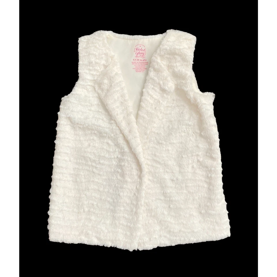 FADED GLORY Girls Youth Size Small 6 6X Off White Faux Fur Open Front Vest Shirt - Image 1 of 3