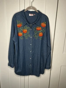Quacker Factory Pumpkin Fall Sequin Denim Button Down Tunic Top Women's Plus 1X - Picture 1 of 7