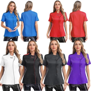 Women Jacket Baking Tops Servers Coat Uniform Printed Stand Collar Color Block - Picture 1 of 45