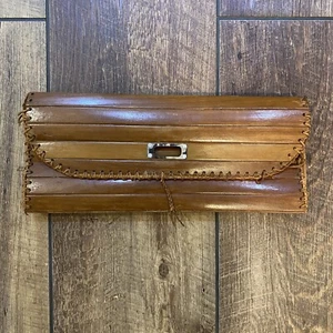 Vintage SELTEN 50er Holzlatten Handtasche Clutch Zapfenverschluss Leder gefüttert USA - Bild 1 von 7