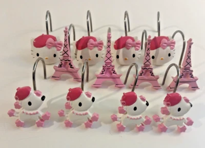 Sanrio Hello Kitty Bonjour Paris Eiffel Tower Poodles Shower Curtain Hooks  2012 - Image 1 of 4