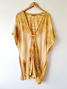 SPORTSGIRL Mustard Yellow Embroidered Kimono Style Duster ONE SIZE Boho Festival - Picture 1 of 7