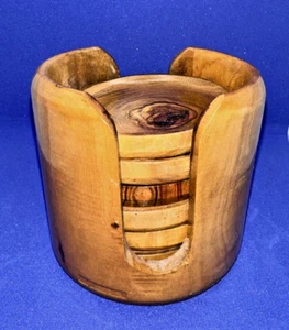 Olive Wood Coasters in a Rustic Holder, 6-pcs Set Wooden Coasters (W006) - Picture 1 of 4