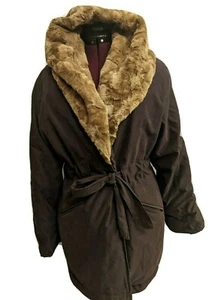 SANDRO PARIS WOMEN WINTER WARM LIGHTWEIGT PADDED BROWN COAT, FAUX FUR, HOOD, M/L - Picture 1 of 12