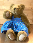 Vermont Teddy Bear Company Fully Jointed Posable Blue Floral Dress 16' USA Made