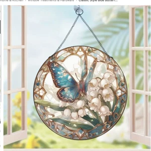 Blue Butterfly & Lily of the Valley Suncatcher Stained Glass Look-Acrylic, 5.9" - Picture 1 of 7