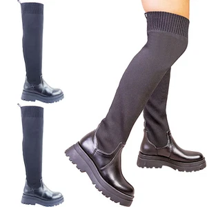NEW WOMENS LADIES OVER THE KNEE SOCK PLATFORM LOW MID BLOCK HEEL BOOTS SIZE - Picture 1 of 5