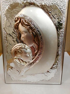 ICONA SACRA MATERNITA' (21CM X 15CM) LEGNO E ARGENTO 925 , NUOVA ASTUCCIATA - Picture 1 of 1