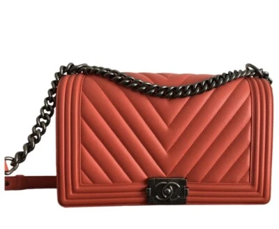 Original Chanel Boy Leder Chevron Orange Silber - Bild 1 von 3