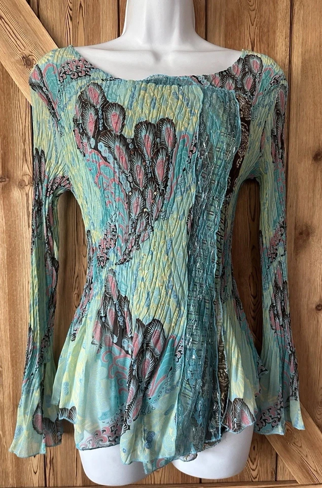 ALBERTO MAKALI Blouse Women’s Multicolor Crinkle Pleated Lace Boho Sheer Large - Image 1 of 4