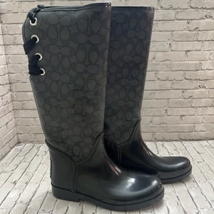 COACH Tristee Rubber/Coated Canvas Rain Boots Lace Tie Back US8B 7200113/F15 - Picture 1 of 8