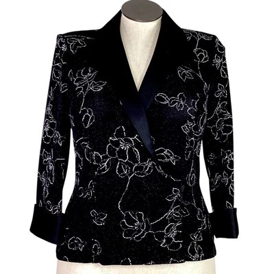 Alex Evenings 裹身夹克女式 L 黑色花卉弹力针织 3/4 袖闪亮 — 第 1/4 张图片