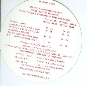 1971 AMX/JAVELIN TIRE PRESSURE DECAL - Picture 1 of 1