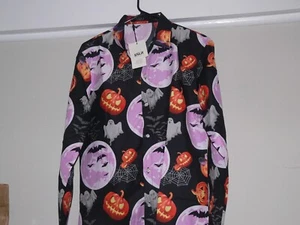 SSLR Halloween SS Button Up Shirt Pumpkins Jack O'Lantern Ghosts Bats Small - Picture 1 of 5