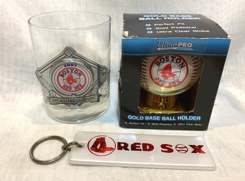 Vintage Boston Red Sox Lot 2007 World Series Glass, 2004 Facsimile Signed Ball + Cover