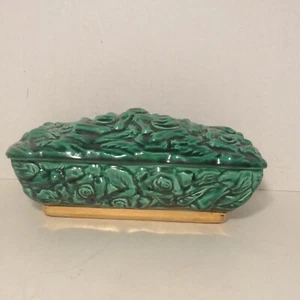 Caja de baratija verde cerámica japonesa de mediados de siglo con acento dorado, patrón floral - Imagen 1 de 16